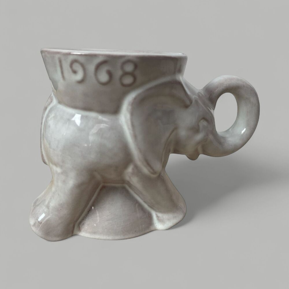 1968 Frankoma GOP Elephant Political Mug – First Year, Gray/White Glaze, Vintage